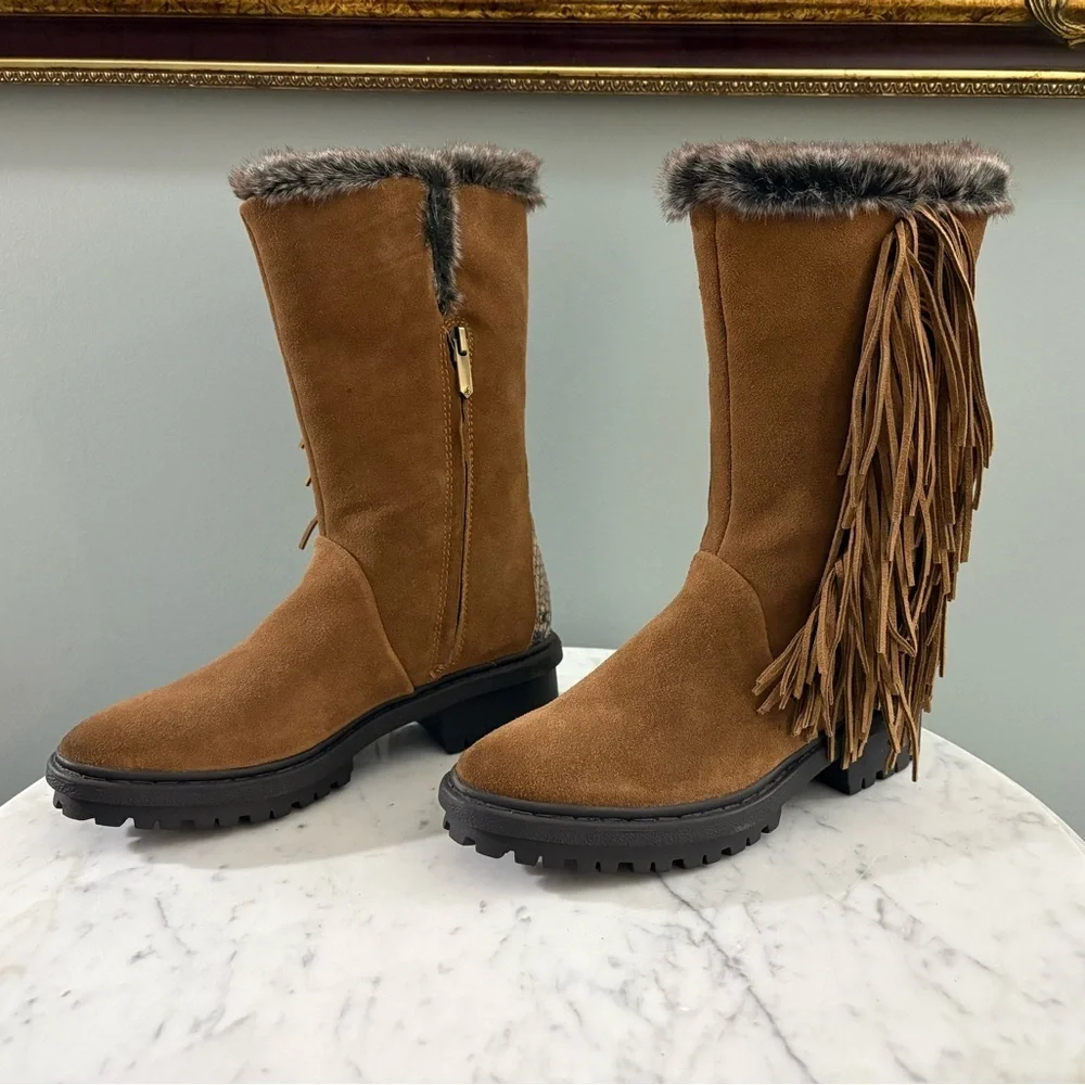 Sam Edelman Tilden Faux Fur Fringe Boots – Chestnut Suede w/ Snakeskin Trim